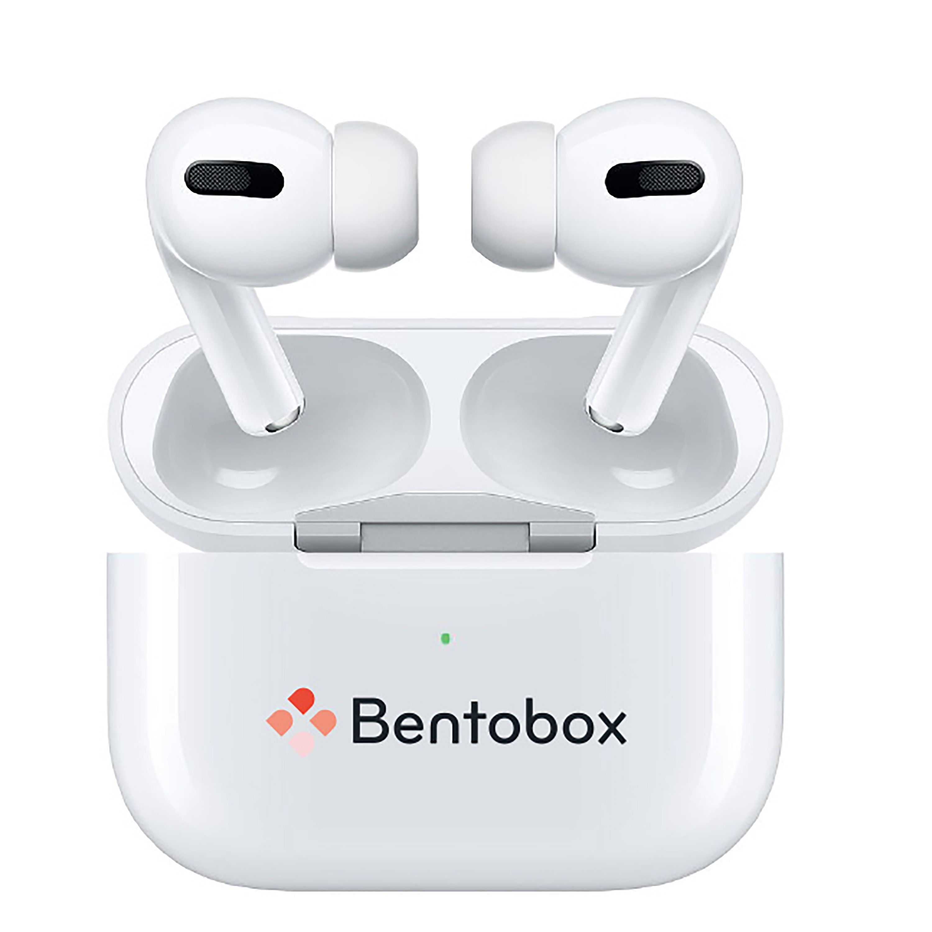 White Apple Air Pods with the words "Bentobox" on the case