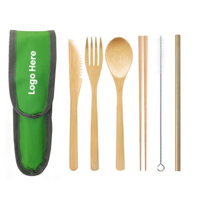Reusable 7 Piece Bamboo Utensils Set In Travel Pouch